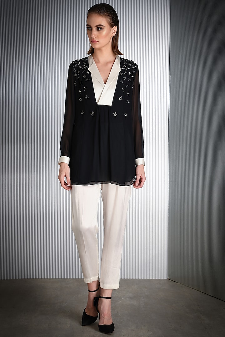 Black & Off White Embroidered Top by Rohit Gandhi & Rahul Khanna