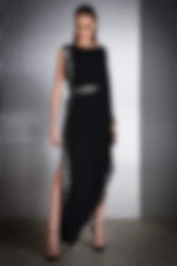 Black Asymmetric Gown With Crystals Detailing by Rohit Gandhi & Rahul Khanna