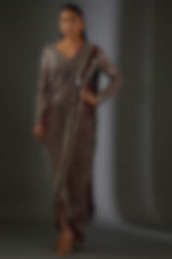 Burgundy Georgette Crystal Embellished Draped Saree Set by Rohit Gandhi & Rahul Khanna