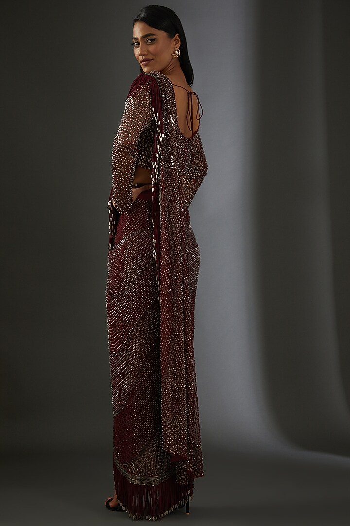 Burgundy Georgette Crystal Embellished Draped Bridal Saree Set by Rohit Gandhi & Rahul Khanna at Pernia's Pop Up Shop