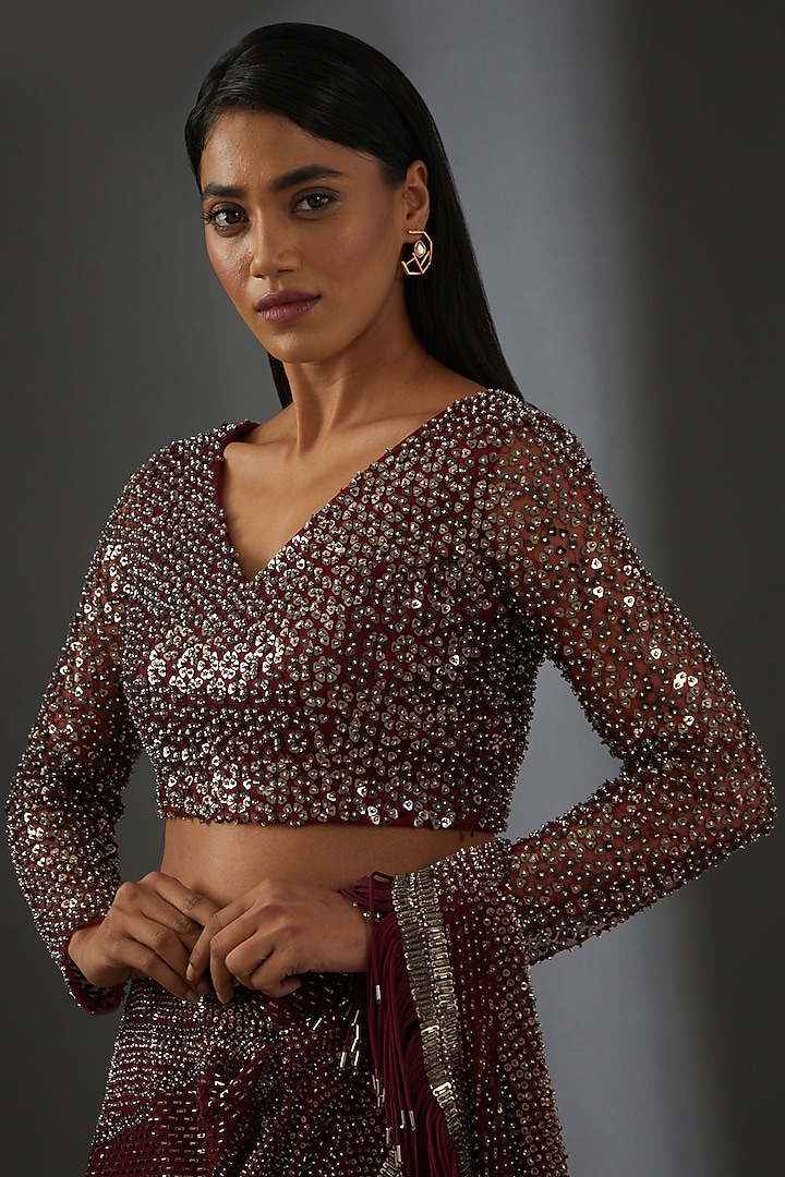 Burgundy Georgette Crystal Embellished Draped Bridal Saree Set by Rohit Gandhi & Rahul Khanna at Pernia's Pop Up Shop