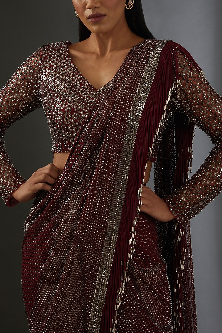 Burgundy Georgette Crystal Embellished Draped Bridal Saree Set by Rohit Gandhi & Rahul Khanna at Pernia's Pop Up Shop