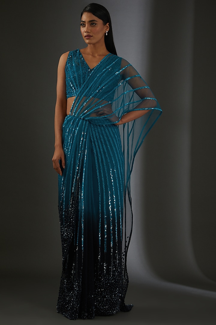 Turquoise Blue Ombre Tulle Embroidered Striped Saree Set by Rohit Gandhi & Rahul Khanna