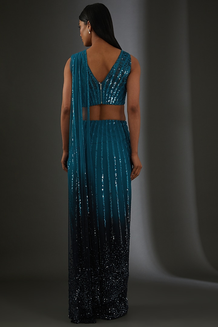 Turquoise Blue Ombre Tulle Embroidered Striped Bridal Saree Set by Rohit Gandhi & Rahul Khanna at Pernia's Pop Up Shop