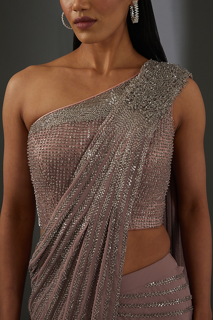 Nude Silk Georgette Metallic Bead Embellished Draped Reception Saree Set by Rohit Gandhi & Rahul Khanna at Pernia's Pop Up Shop