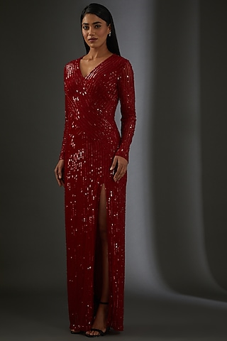 Red Tulle Embellished Gown by Rohit Gandhi & Rahul Khanna