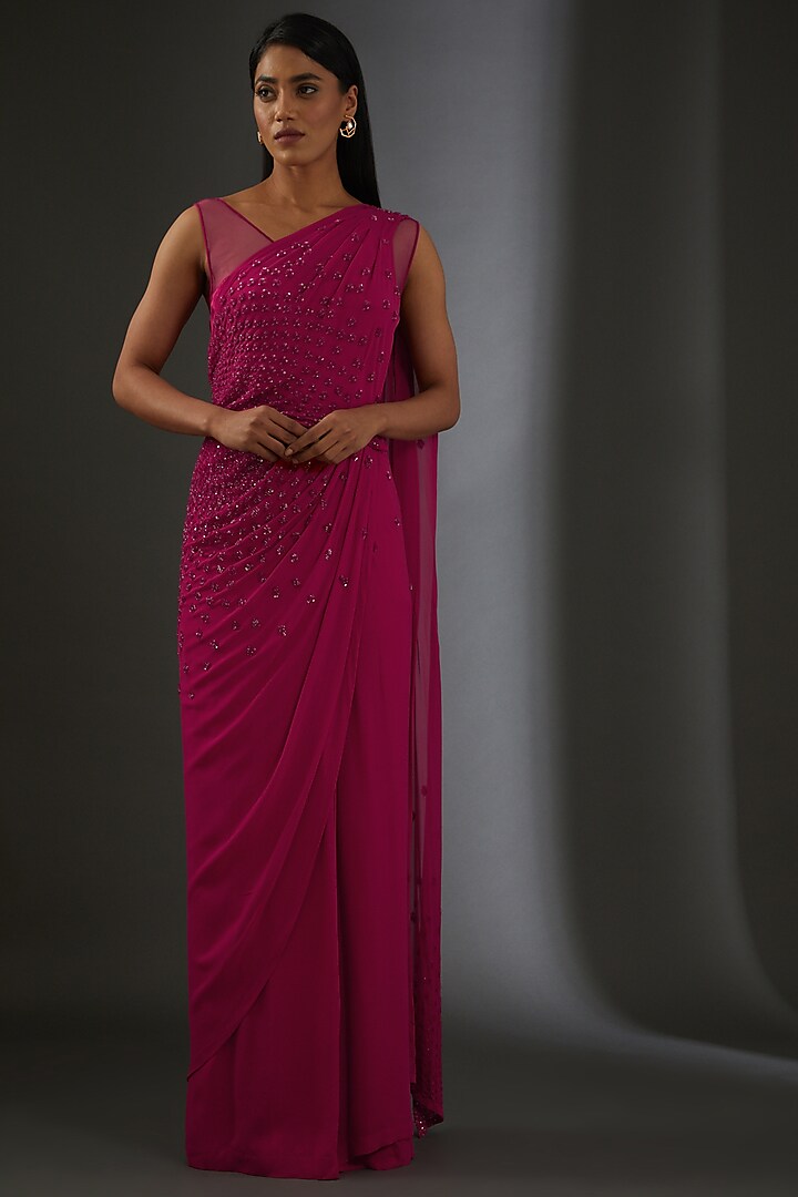 Aster Pink Tulle Embroidered Saree Set by Rohit Gandhi & Rahul Khanna
