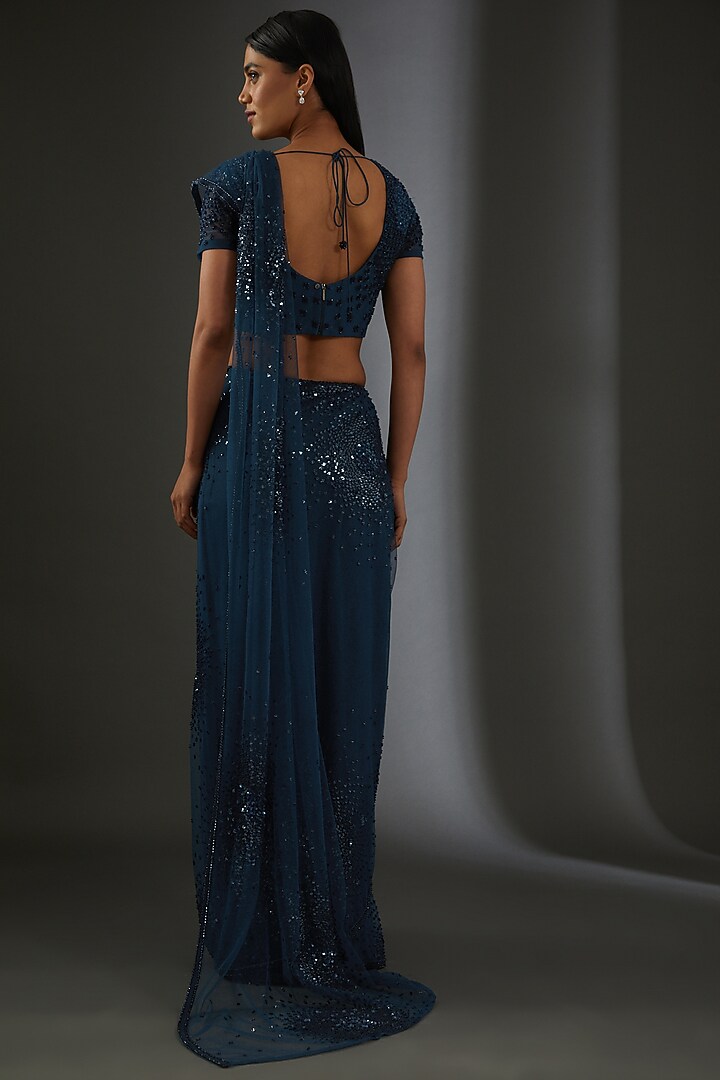 Galaxy Blue Tulle Sequin Embroidered Pre-Stitched Bridal Saree Set by Rohit Gandhi & Rahul Khanna at Pernia's Pop Up Shop