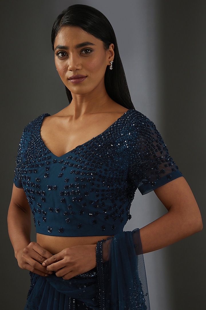 Galaxy Blue Tulle Sequin Embroidered Pre-Stitched Bridal Saree Set by Rohit Gandhi & Rahul Khanna at Pernia's Pop Up Shop