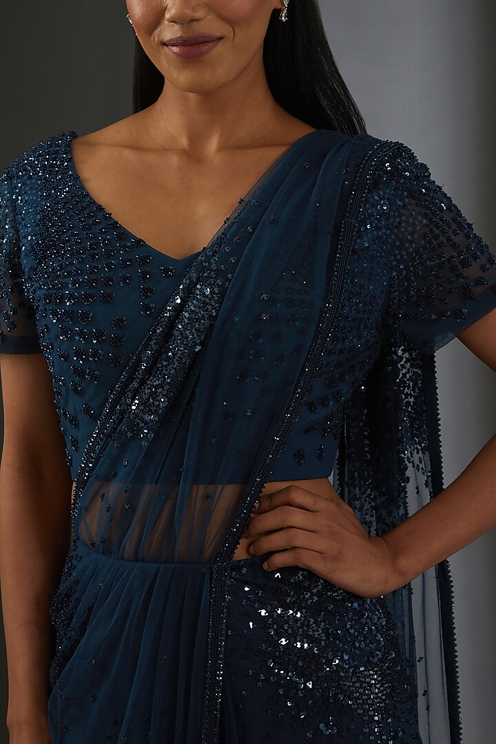 Galaxy Blue Tulle Sequin Embroidered Pre-Stitched Bridal Saree Set by Rohit Gandhi & Rahul Khanna at Pernia's Pop Up Shop