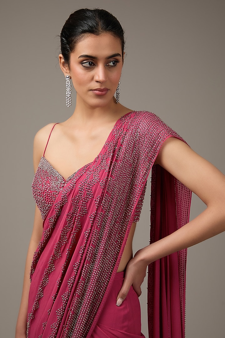 Pink Tulle Embroidered Pre-Stitched Reception Saree Set by Rohit Gandhi & Rahul Khanna at Pernia's Pop Up Shop