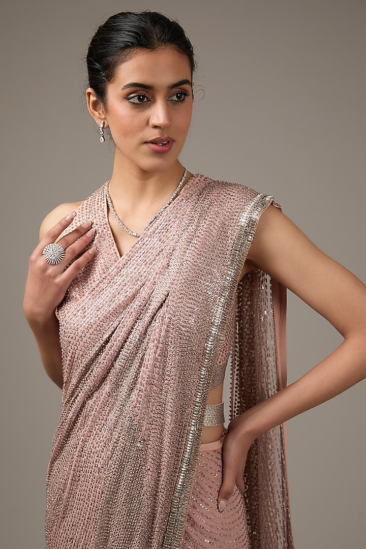 Frosty Pink Georgette Sequins Embellished Pre-Stitched Bridal Saree Set by Rohit Gandhi & Rahul Khanna at Pernia's Pop Up Shop