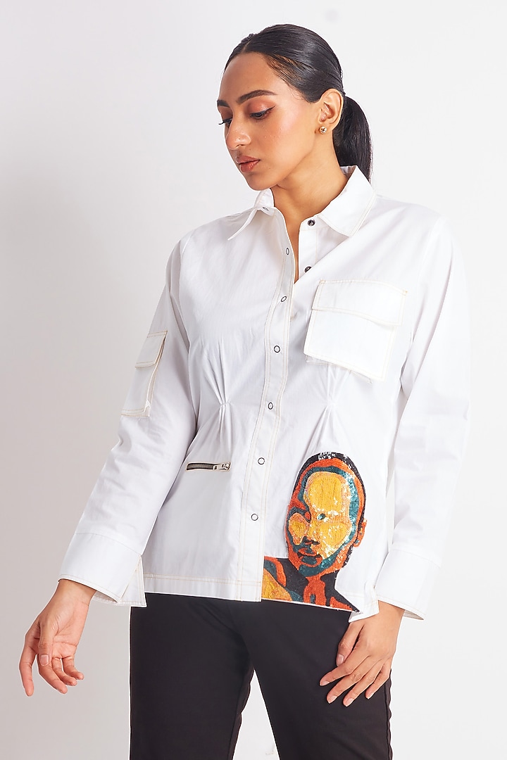 White Cotton Embroidered Shirt by Richaa Goenka at Pernia's Pop Up Shop