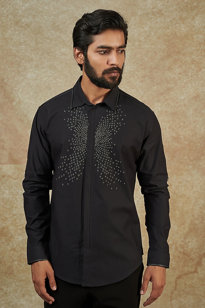 Black Twill Embroidered Shirt by Rohit Gandhi & Rahul Khanna Men