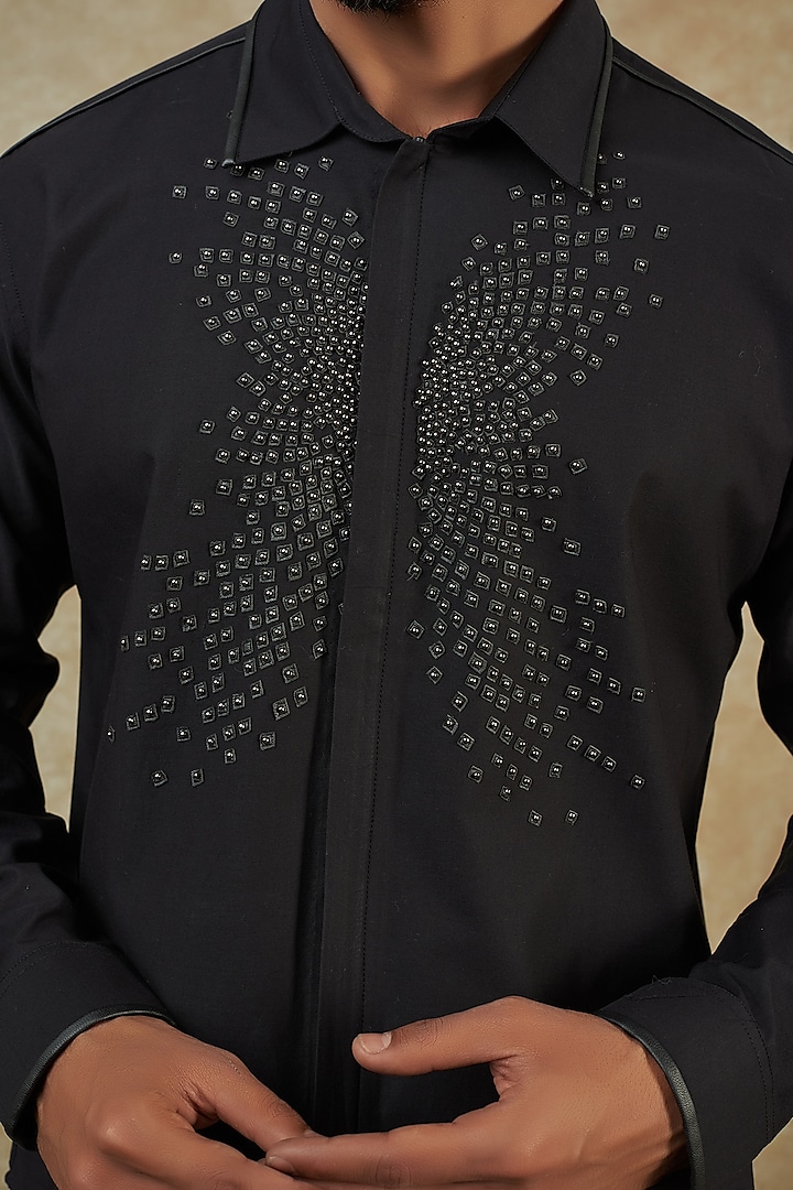 Black Twill Embroidered Wedding Shirt by Rohit Gandhi & Rahul Khanna Men at Pernia's Pop Up Shop