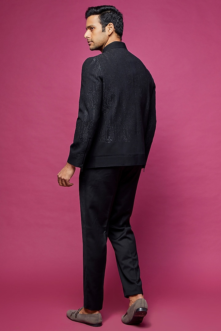 Black Viscose Embroidered Bomber Jacket by Rohit Gandhi & Rahul Khanna Men at Pernia's Pop Up Shop