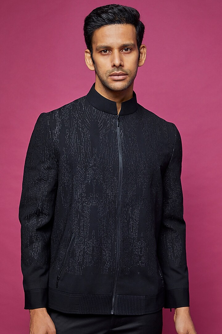 Black Viscose Embroidered Bomber Jacket by Rohit Gandhi & Rahul Khanna Men at Pernia's Pop Up Shop