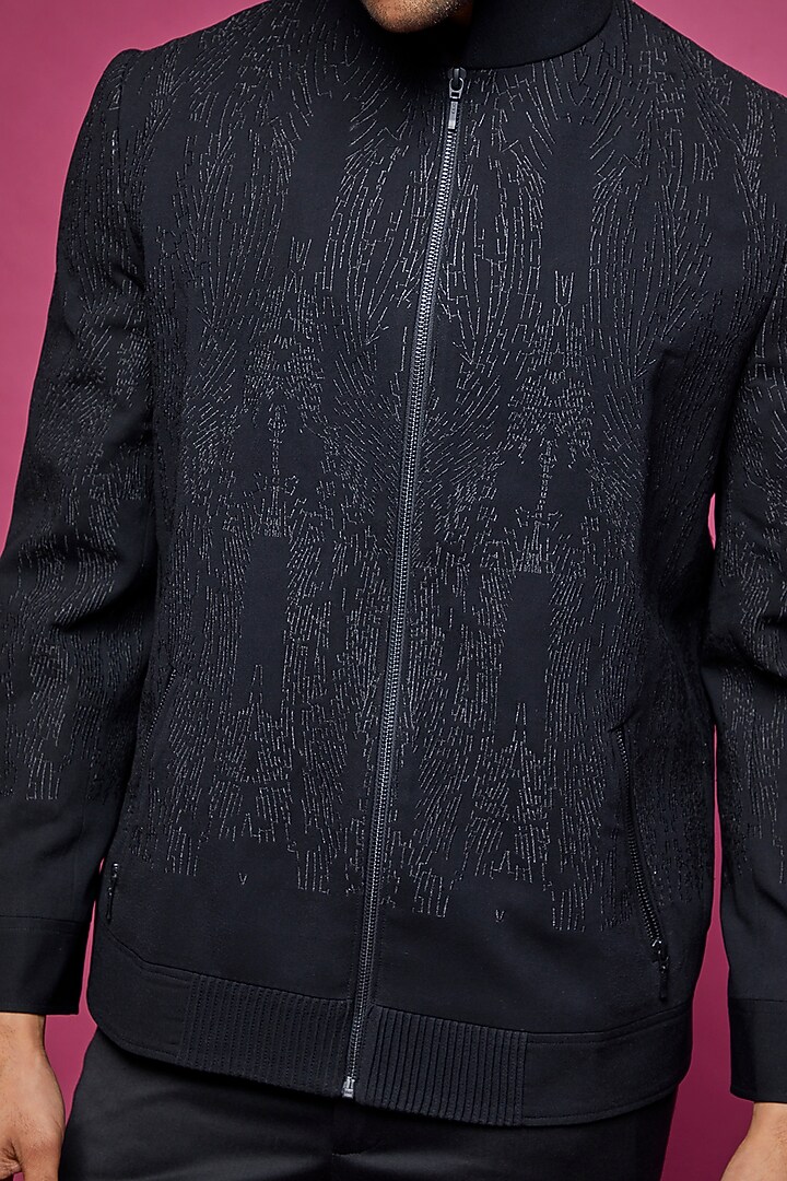Black Viscose Embroidered Bomber Jacket by Rohit Gandhi & Rahul Khanna Men at Pernia's Pop Up Shop