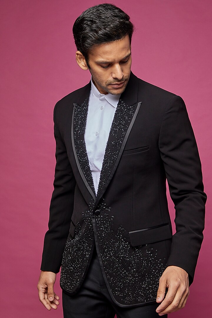 Black Crepe Hand Embroidered Jacket by Rohit Gandhi & Rahul Khanna Men at Pernia's Pop Up Shop