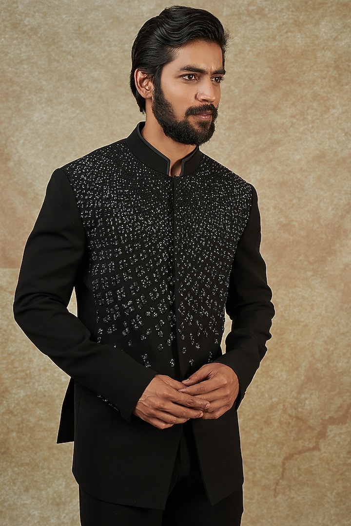 Black Creoe Embroidered Groom Bandhgala by Rohit Gandhi & Rahul Khanna Men at Pernia's Pop Up Shop