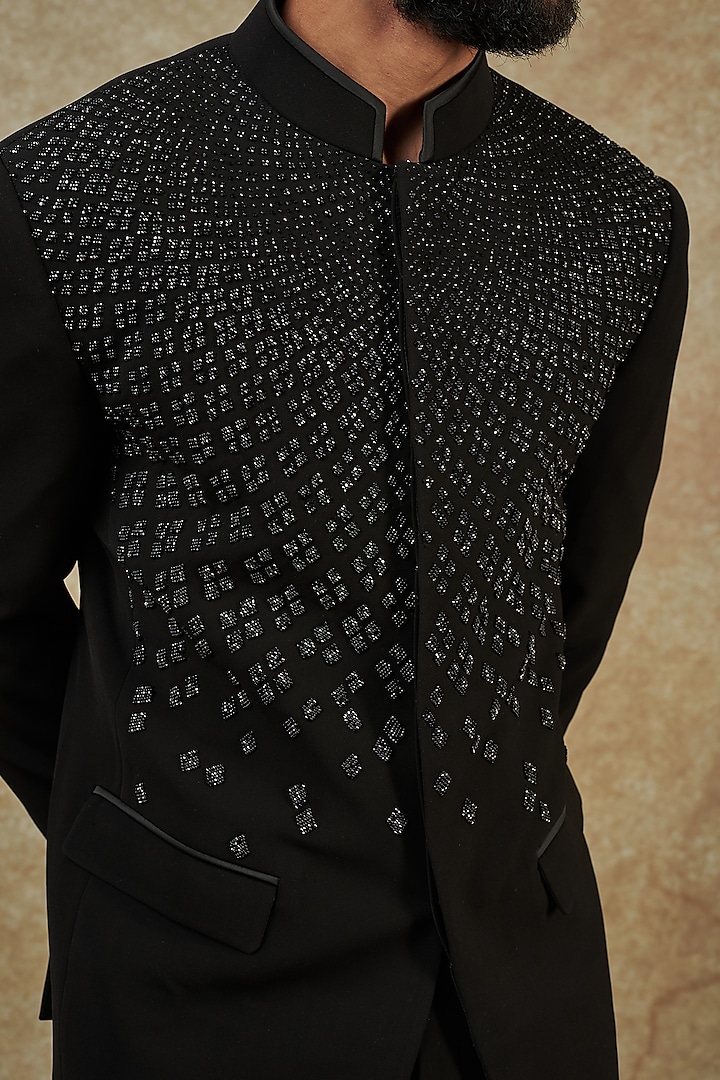 Black Creoe Embroidered Groom Bandhgala by Rohit Gandhi & Rahul Khanna Men at Pernia's Pop Up Shop