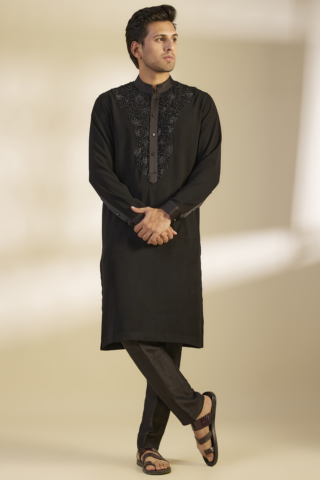 Black Cotton Embroidered Kurta Set by Rohit Gandhi & Rahul Khanna Men