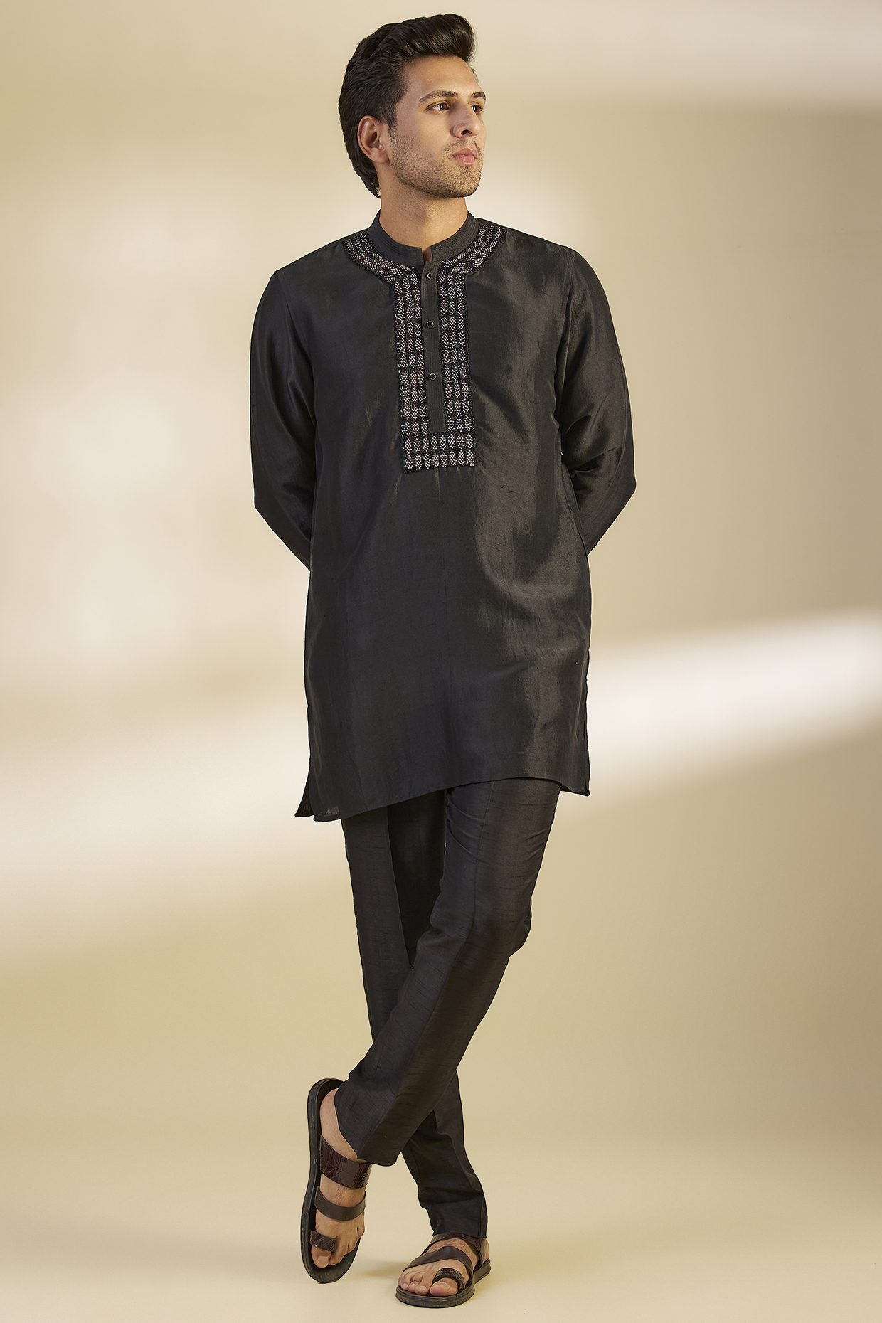 Black Cotton Embroidered Kurta Set by Rohit Gandhi & Rahul Khanna Men