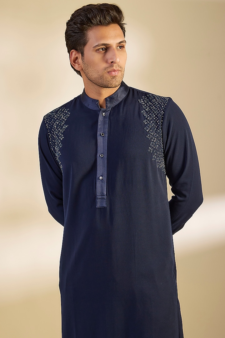 Navy Cotton Embroidered Kurta Set by Rohit Gandhi & Rahul Khanna Men at Pernia's Pop Up Shop