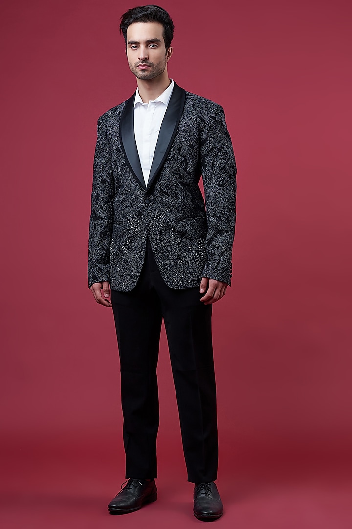 Black Crepe Embroidered Tuxedo Set by Rohit Gandhi & Rahul Khanna Men at Pernia's Pop Up Shop