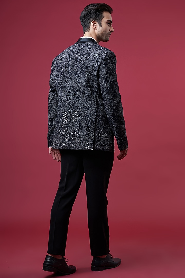 Black Crepe Embroidered Tuxedo Set by Rohit Gandhi & Rahul Khanna Men at Pernia's Pop Up Shop