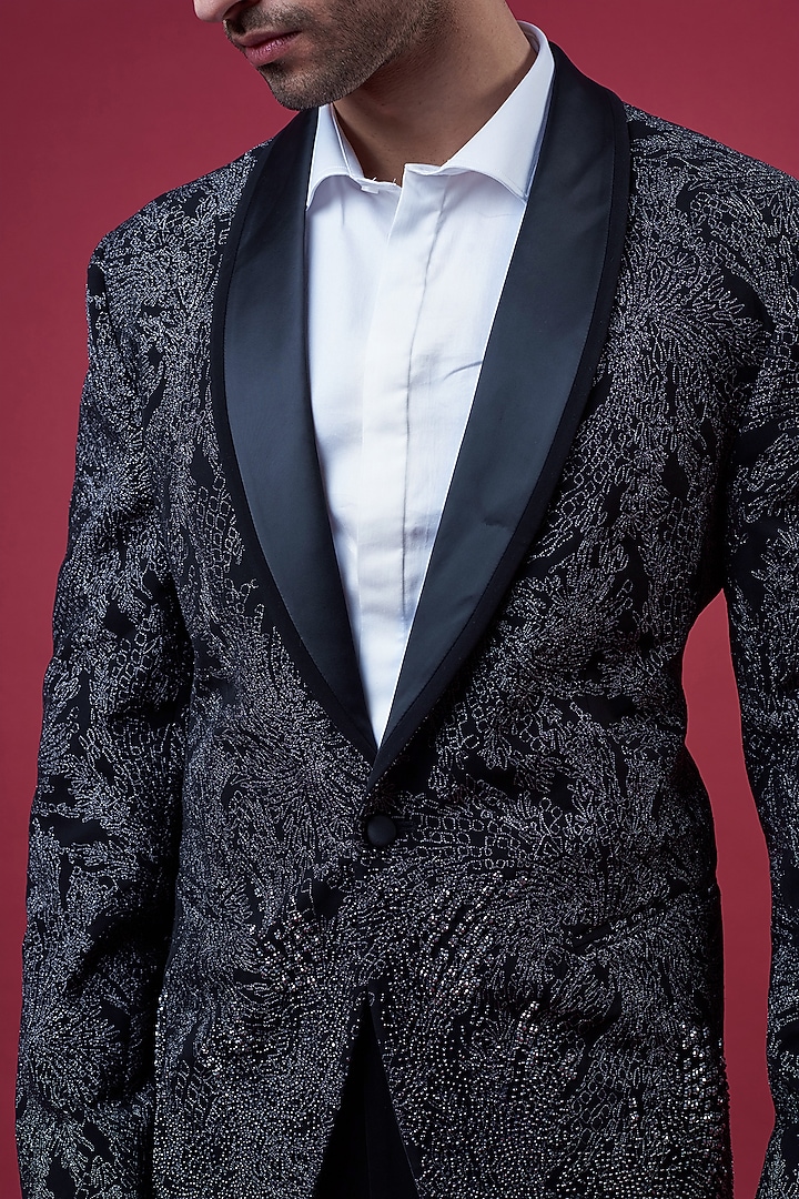 Black Crepe Embroidered Tuxedo Set by Rohit Gandhi & Rahul Khanna Men at Pernia's Pop Up Shop