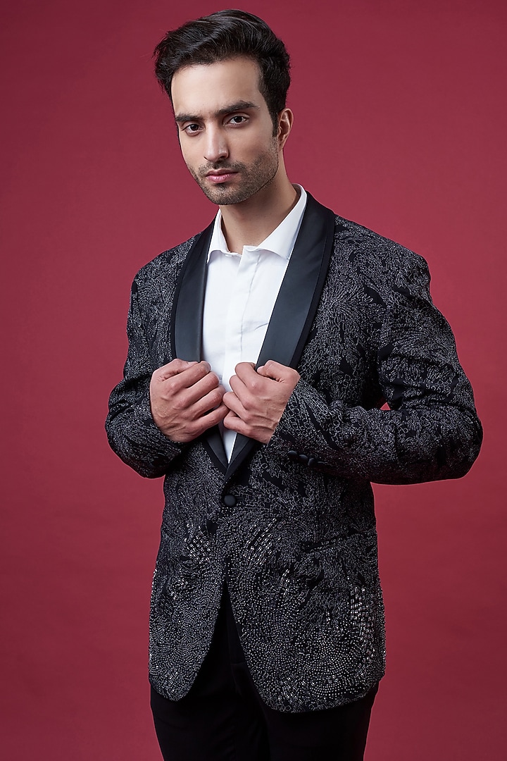 Black Crepe Embroidered Tuxedo Set by Rohit Gandhi & Rahul Khanna Men at Pernia's Pop Up Shop