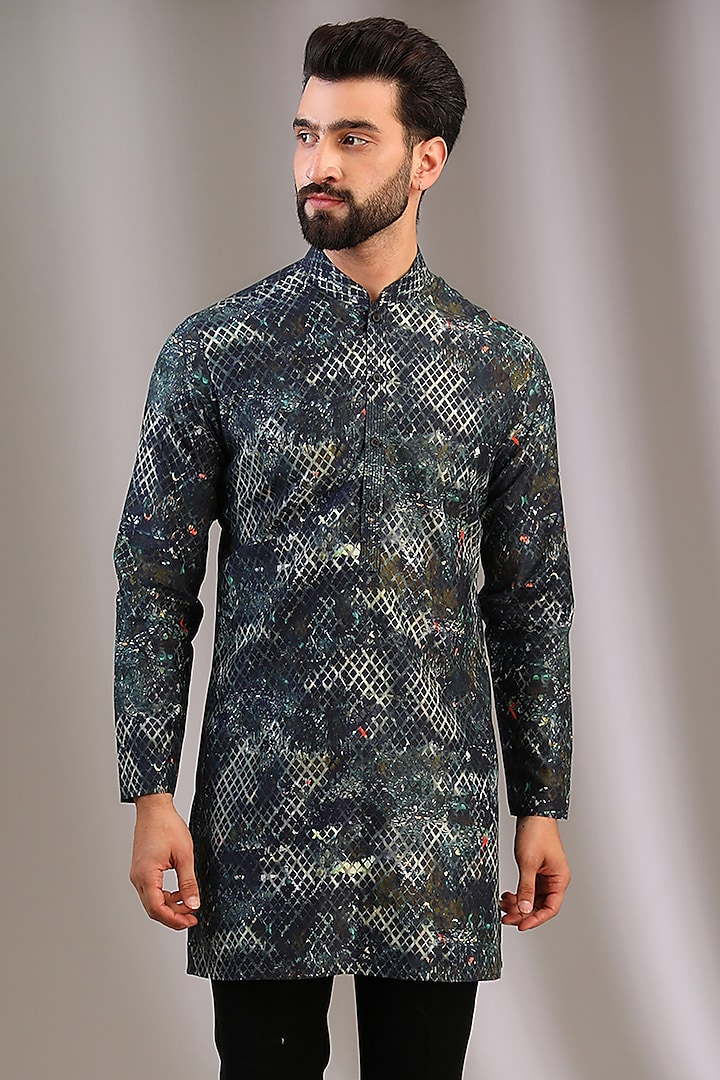 Olive Green Gusted Cotton Printed Kurta by Rohit Gandhi & Rahul Khanna Men