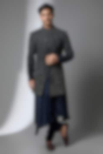 Navy Blue Viscose Dupion Embroidered Groom Sherwani Set by Rohit Gandhi & Rahul Khanna Men at Pernia's Pop Up Shop