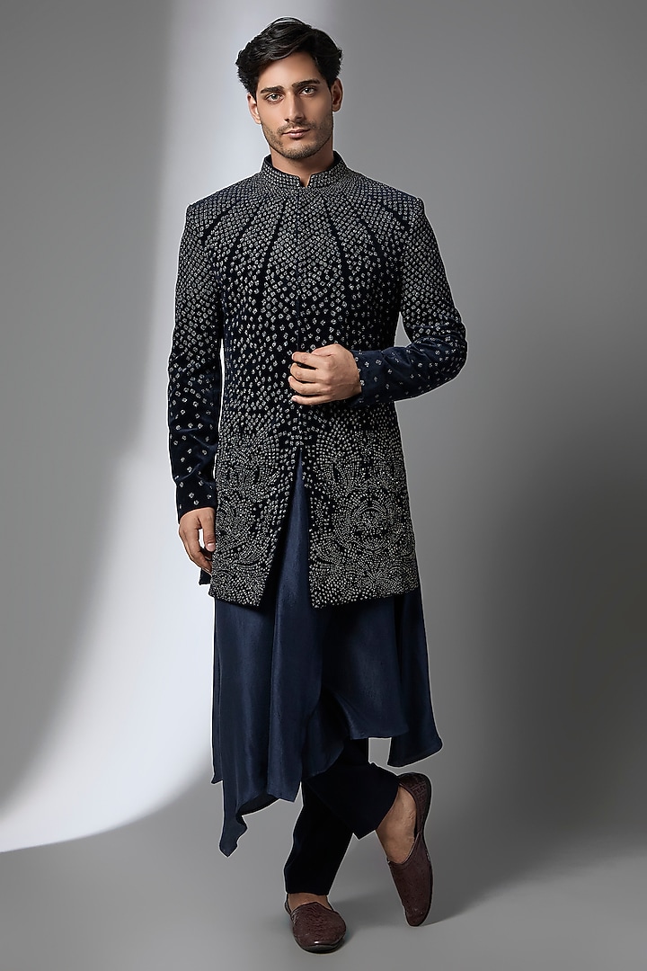 Navy Blue Viscose Dupion Embroidered Groom Sherwani Set by Rohit Gandhi & Rahul Khanna Men at Pernia's Pop Up Shop