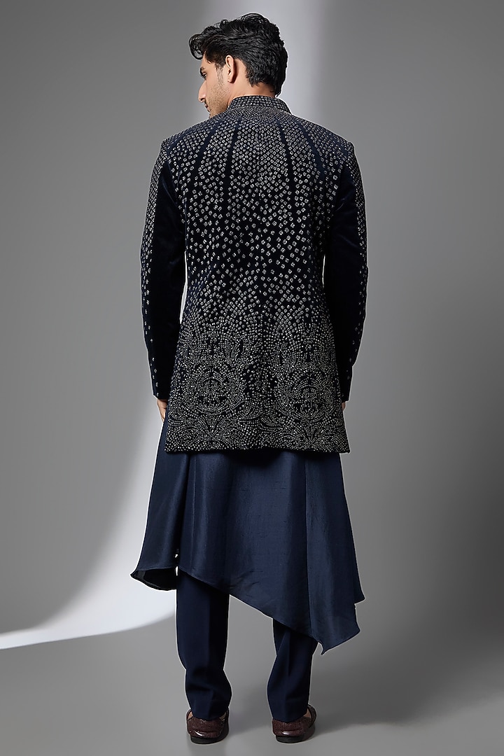 Navy Blue Viscose Dupion Embroidered Groom Sherwani Set by Rohit Gandhi & Rahul Khanna Men at Pernia's Pop Up Shop