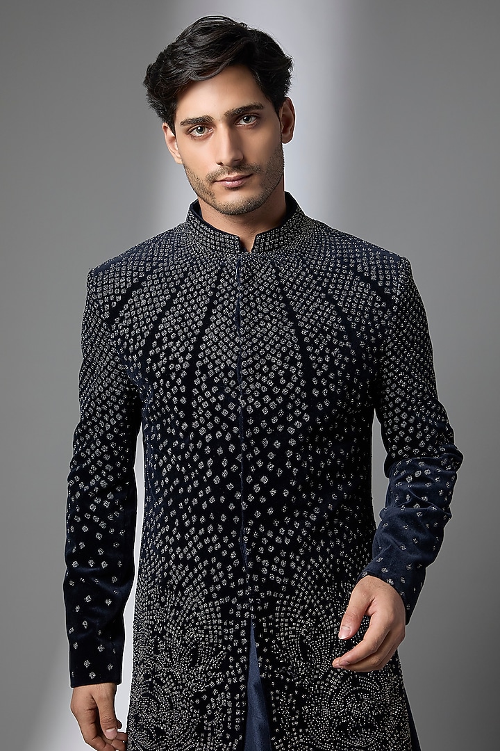 Navy Blue Viscose Dupion Embroidered Groom Sherwani Set by Rohit Gandhi & Rahul Khanna Men at Pernia's Pop Up Shop