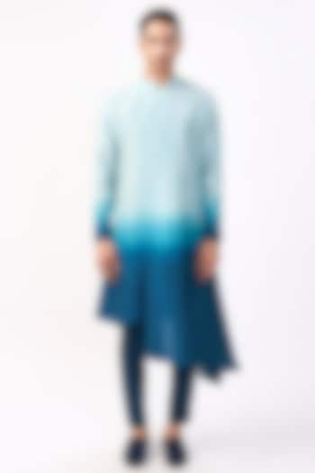 Mineral Blue & Victorian Teal Silk Asymmetric Ombre Kurta Set by Rohit Gandhi & Rahul Khanna Men