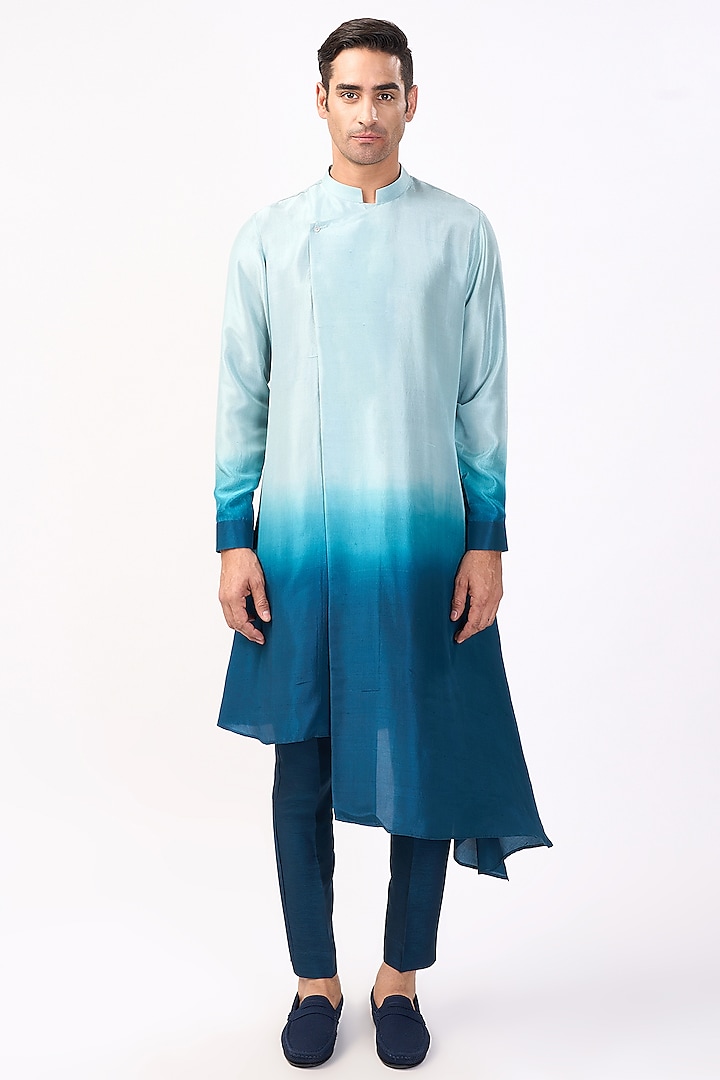 Mineral Blue & Victorian Teal Silk Asymmetric Ombre Kurta Set by Rohit Gandhi & Rahul Khanna Men