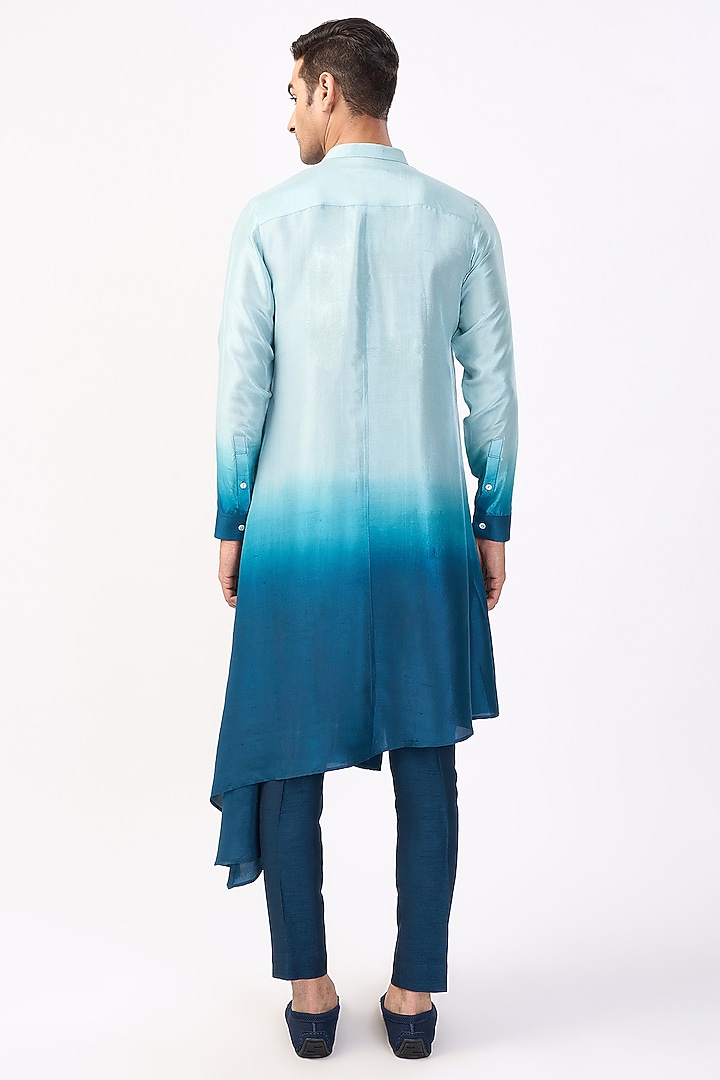 Mineral Blue & Victorian Teal Silk Asymmetric Ombre Kurta Set by Rohit Gandhi & Rahul Khanna Men at Pernia's Pop Up Shop