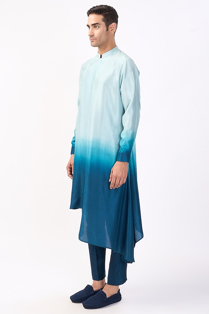 Mineral Blue & Victorian Teal Silk Asymmetric Ombre Kurta Set by Rohit Gandhi & Rahul Khanna Men at Pernia's Pop Up Shop