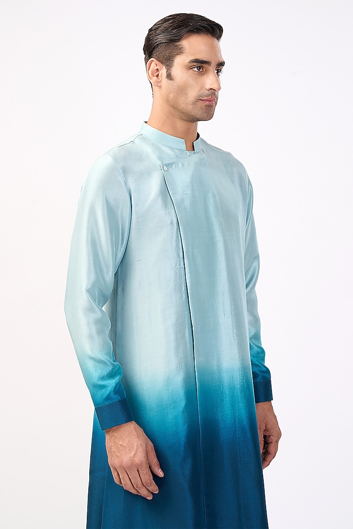 Mineral Blue & Victorian Teal Silk Asymmetric Ombre Kurta Set by Rohit Gandhi & Rahul Khanna Men at Pernia's Pop Up Shop