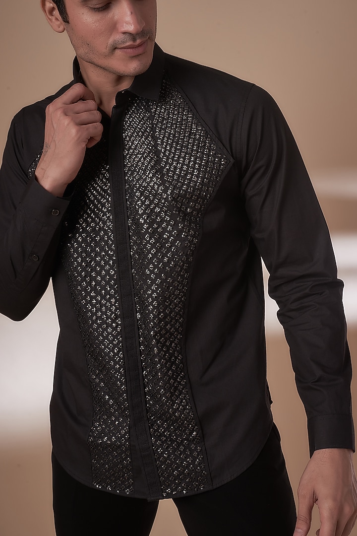 Black Cotton Embroidered Wedding Shirt by Rohit Gandhi & Rahul Khanna Men at Pernia's Pop Up Shop