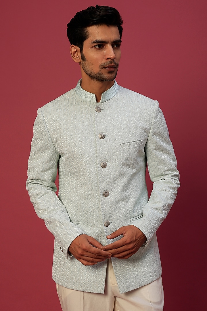 Sea Breeze Embroidered Groom Bandhgala Jacket by Rohit Gandhi & Rahul Khanna Men at Pernia's Pop Up Shop