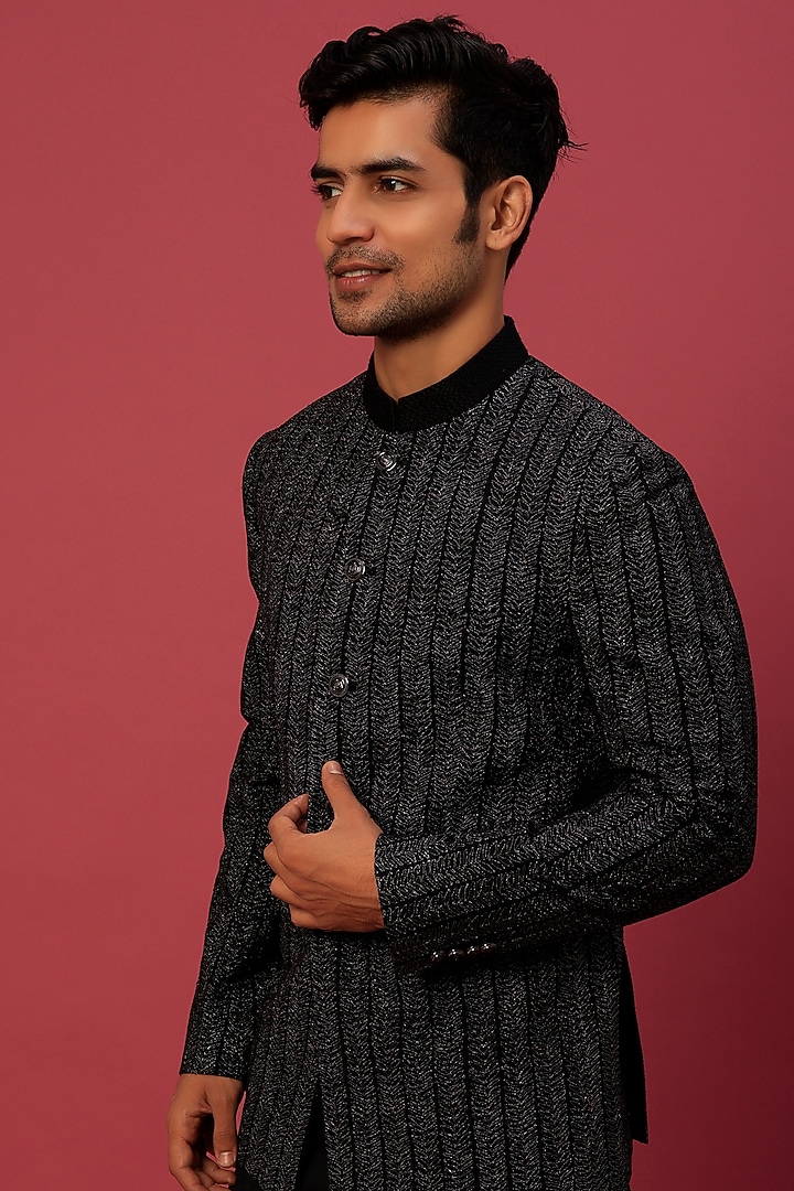 Black Embroidered Groom Bandhgala Jacket Set by Rohit Gandhi & Rahul Khanna Men at Pernia's Pop Up Shop
