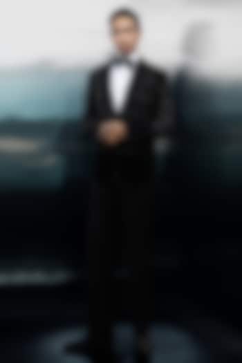 Black Velvet Hand Embroidered Tuxedo Set by Rohit Gandhi & Rahul Khanna Men at Pernia's Pop Up Shop