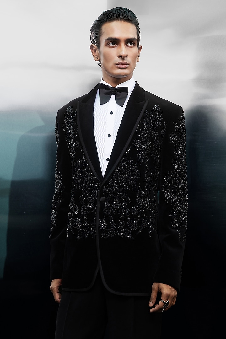 Black Velvet Hand Embroidered Tuxedo Set by Rohit Gandhi & Rahul Khanna Men at Pernia's Pop Up Shop