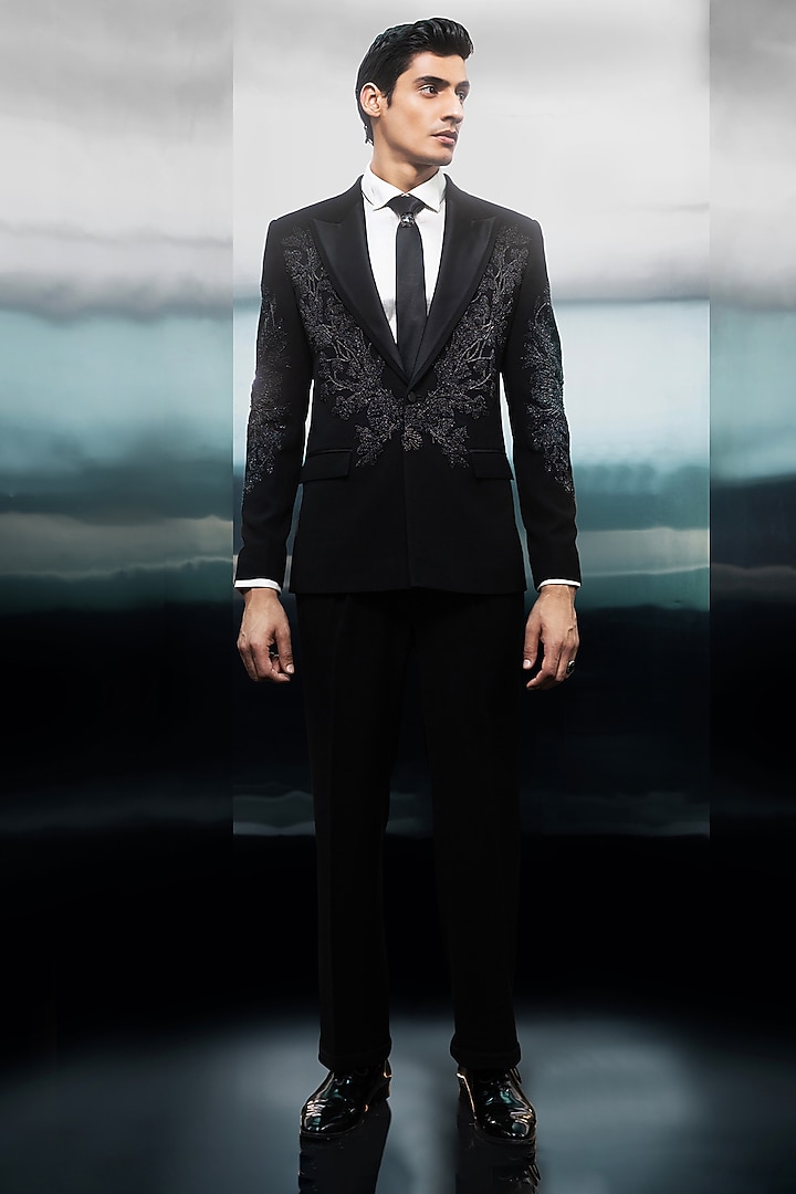 Black Velvet Bead Embroidered Tuxedo Set by Rohit Gandhi & Rahul Khanna Men at Pernia's Pop Up Shop