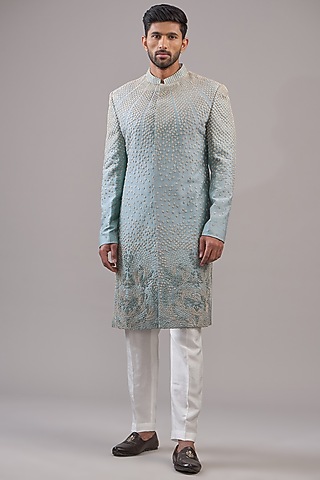 Blue Viscose Dupion Pearl Embellished Sherwani Set by Rohit Gandhi & Rahul Khanna Men