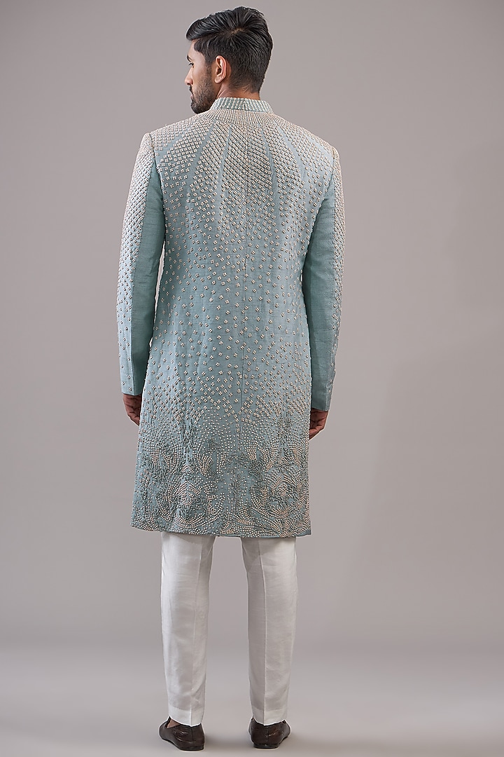 Blue Viscose Dupion Pearl Embellished Groom Sherwani Set by Rohit Gandhi & Rahul Khanna Men at Pernia's Pop Up Shop